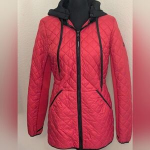 Michael Kors Red Quilted Jacket Hooded Lightweight Zip Front Women’s Size Small